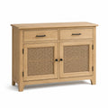 Credenza in rovere naturale con inserti in rattan, 2 ante e 2 cassetti, 100 × 40 × 85 cm
