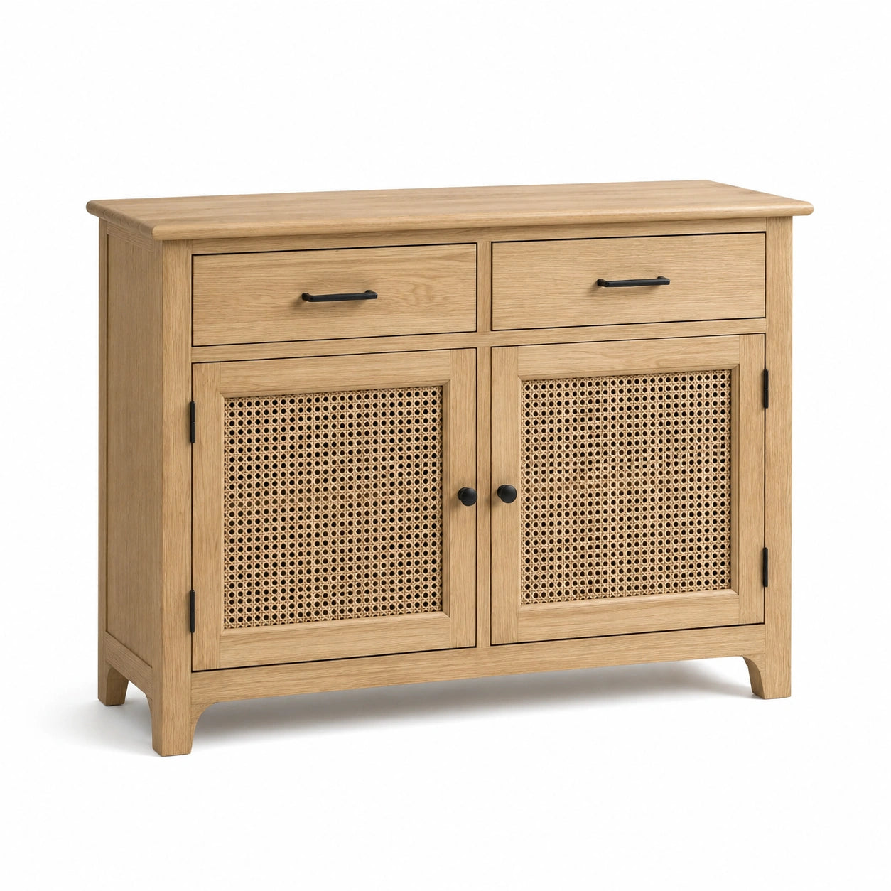 Credenza in rovere naturale con inserti in rattan, 2 ante e 2 cassetti, 100 × 40 × 85 cm