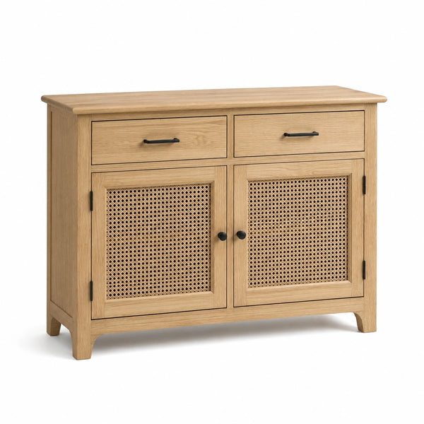 Credenza in rovere naturale con inserti in rattan, 2 ante e 2 cassetti, 100 × 40 × 85 cm