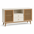 Credenza moderna bianco crema e legno naturale con rattan, 150 × 40 × 80 cm, 2 ante, 2 cassetti e vano aperto