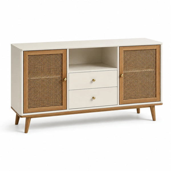 Credenza moderna bianco crema e legno naturale con rattan, 150 × 40 × 80 cm, 2 ante, 2 cassetti e vano aperto
