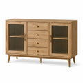 Credenza in rovere naturale 140 × 40 × 85 cm con 4 cassetti e 2 ante in vetro scanalato