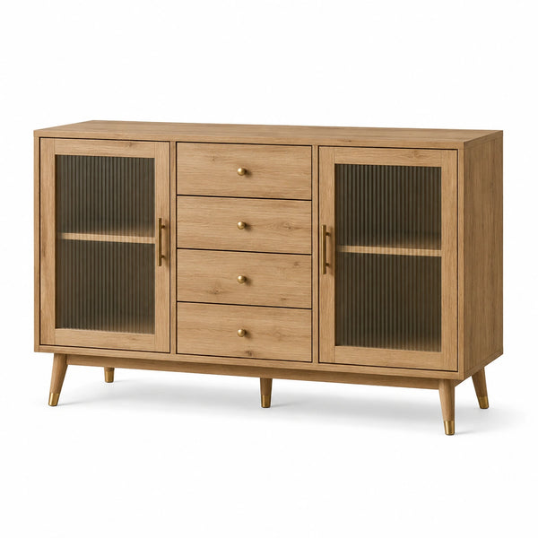 Credenza in rovere naturale 140 × 40 × 85 cm con 4 cassetti e 2 ante in vetro scanalato