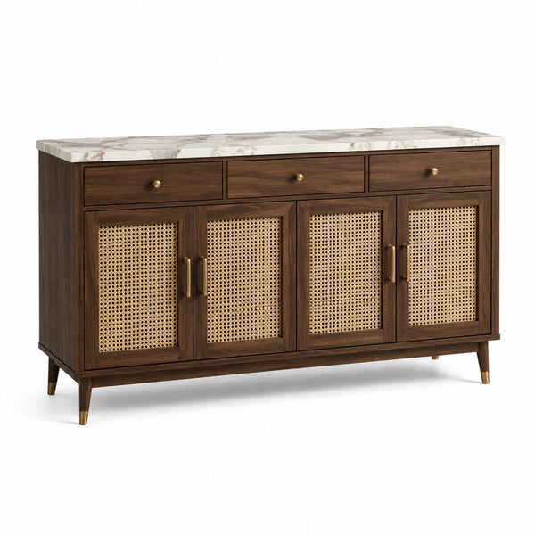 Credenza marrone scuro in legno e rattan con piano bianco effetto marmo, 160 × 40 × 90 cm