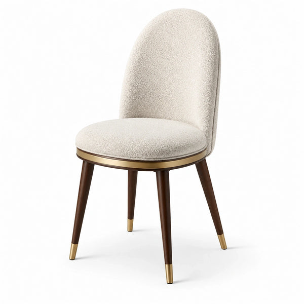 Sedia moderna imbottita in bouclé beige con gambe marroni e dettagli dorati, 52 × 58 × 85 cm