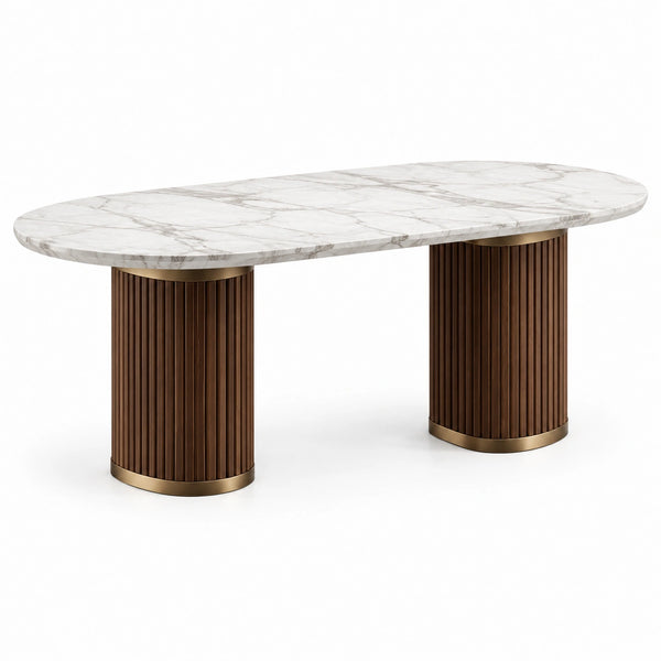 Tavolo da pranzo ovale moderno 180 × 90 × 76 cm, bianco effetto marmo, marrone e oro