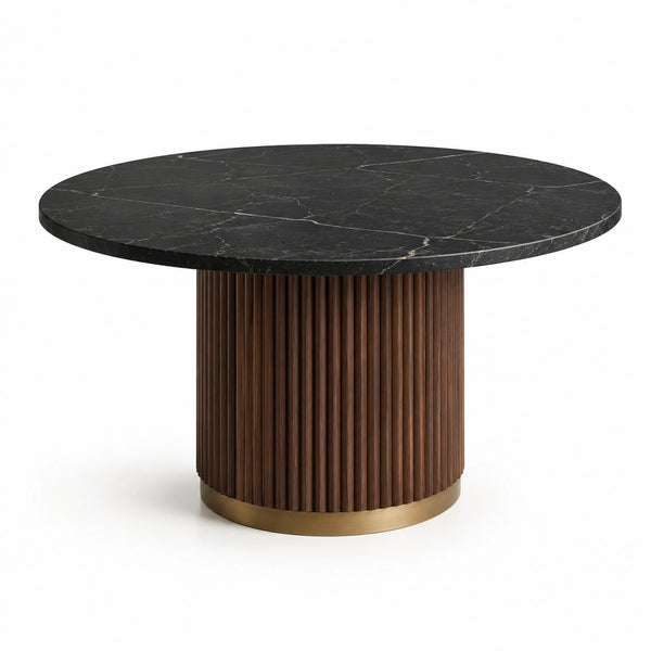 Tavolo rotondo Ø120 × 75 cm nero effetto marmo con base scanalata marrone e zoccolo dorato