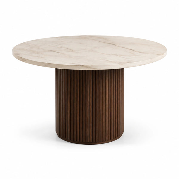Tavolo da pranzo rotondo marrone scuro e crema con piano effetto marmo, 120 × 75 cm