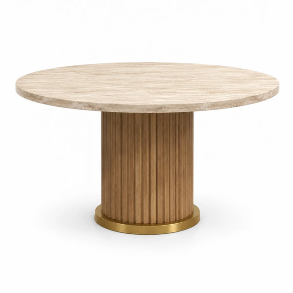 Tavolo da pranzo rotondo Ø 120 × 76 cm beige, marrone e oro con piano effetto pietra e base scanalata