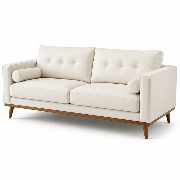Divano a 2 posti 190 × 82 × 82 cm, effetto pelle crema con base e gambe in legno marrone