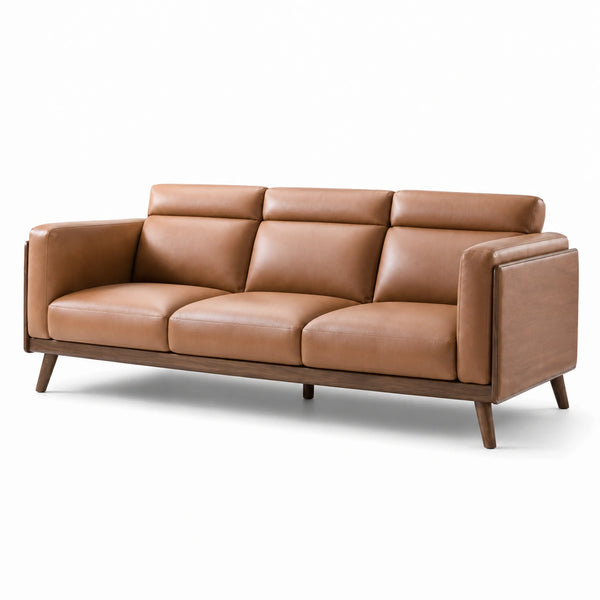 Divano moderno a 3 posti marrone effetto pelle con struttura in legno, 210 × 88 × 84 cm