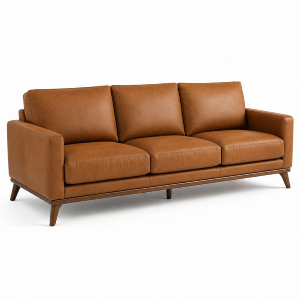 Divano a 3 posti marrone cognac in similpelle con piedini in legno, 220 × 90 × 82 cm